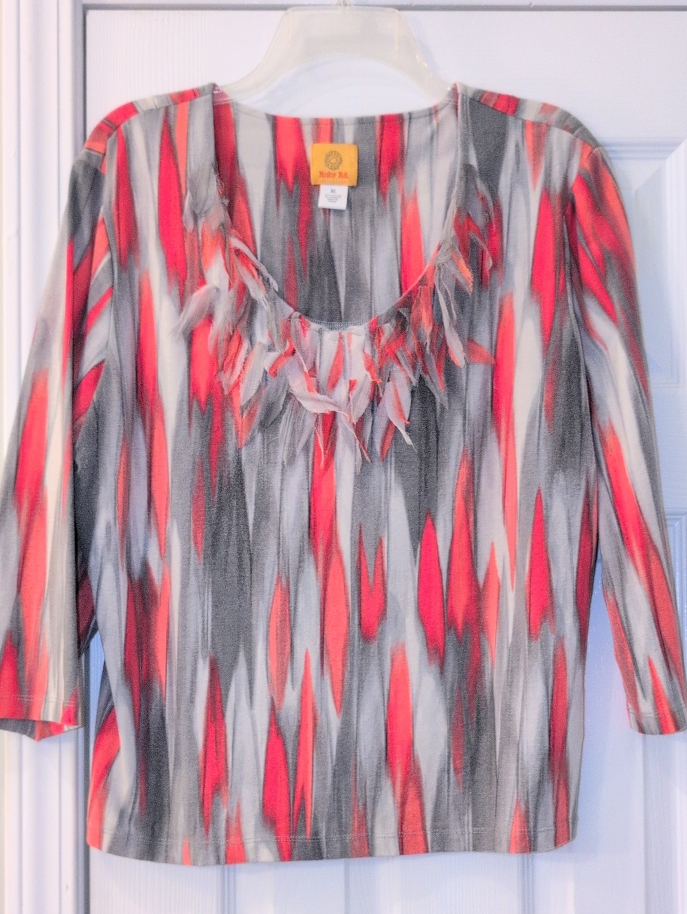 Ruby Rd. Coral, Gray & White Feather-Trim Long Sleeve Tee